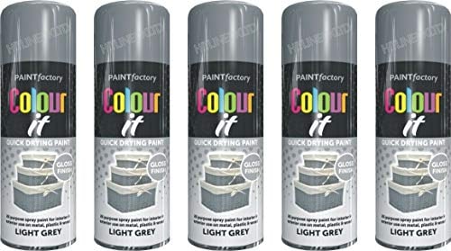 HitlineUK 5 X LIGHT GREY GLOSS PAINT AEROSOL SPRAY CAN QUICK DRYING PLASTIC METAL 400ML