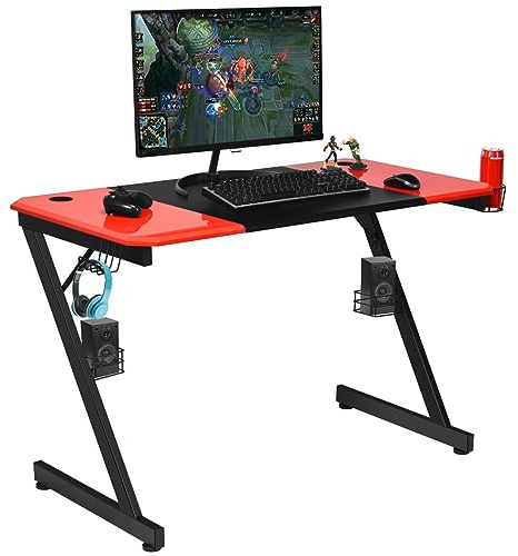 COSTWAY Scrivania da Gaming Tavolo per Computer Ergonomico, con Porta Bicchiere Gancio per Cuffie e Supporti Audio, 120 x 60 x 77 cm, Nero/Rosso