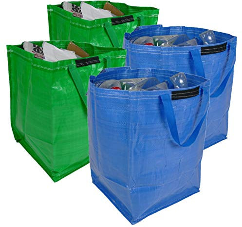 47 Litre Recycling Bag with Top Flap and Handles - Tip Strap - Laminated Wipe Clean Fabric - PREMIUM GRADE - Heavy Duty Woven PP Fabric (4 Bags, Multi)