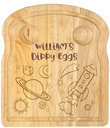 Chichi Gifts Personalised Breakfast Egg Board with Space Rocket, Planets and Stars. Add Name.