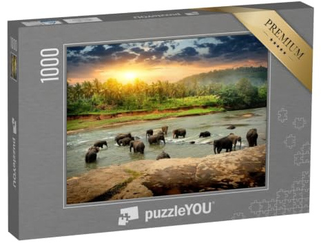 puzzleYOU: Puzzle 1000 Teile „Elefantenherde beim Baden im Dschungel von Sri Lanka“ – aus der Puzzle-Kollektion Sri Lanka