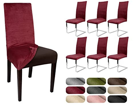 BEAUTEX 6er Set LEA Stuhlhusse, elastische Uni Stretch-Husse aus Samt Mikrofaser Farbe wählbar (Granat)