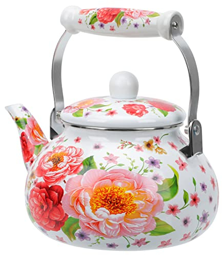 UPKOCH 2. 5 L Emaille Retro Vintage Wasserkocher Antike Teekessel Retro Wassertopf Rote Muster Chinesischer Stil Teekocher Wasserkrug für Induktionsherd Gas