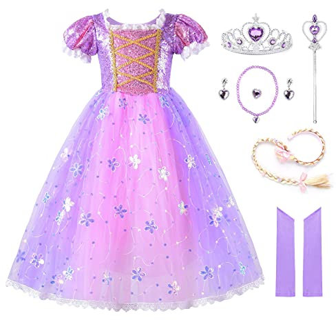 JerrisApparel Vestito Principessa Bambina Paillettes Costume Festa (4 anni, Viola Con Accessori)