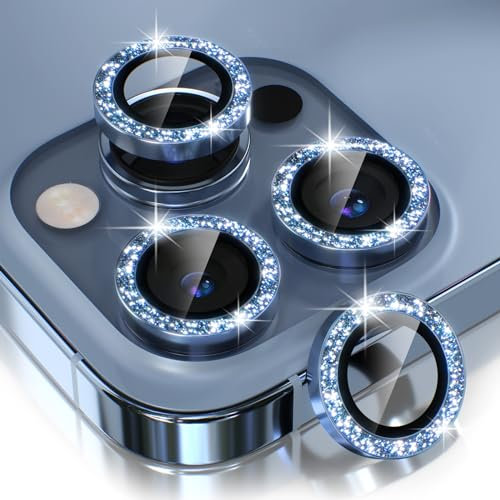 Choiche [3+1 - Protezione per obiettivo della fotocamera per iPhone 13 Pro/iPhone 13 Pro Max, in vetro temperato 9H, anello in metallo, accessorio decorativo (blu sierra glitterato)