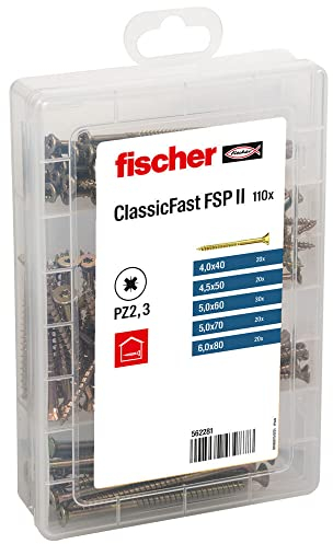 fischer Profi-Box ClassicFast II Spanplattenschraube, vorsortierte Sortimentsbox mit 110 gelbverzinkten Schrauben im Durchmesser 4,0 - 6,0 mm, Senkkopf, PZ-Antrieb und Teilgewinde, für Holzbaustoffe