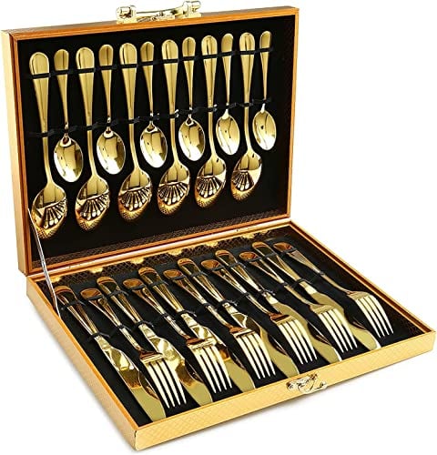 KAHEIGN 24 Piezas Oro Cubiertos, Oro Forjado Cubiertos de Acero Inoxidable, 6 x Cuchillos de Cena, 6 x Cuchara, 6 x Tenedores, 6 x Cucharaditas, Vajilla Pulida para Boda Aniversario Navidad Fiesta