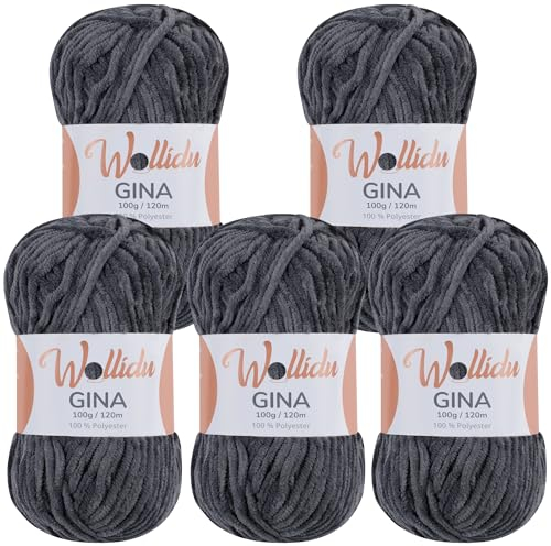 Wollidu Gina Chenille Garn zum Stricken und Häkeln 5 x 100g/120m Set 100% Polyester - Anthrazit Dunkelgrau