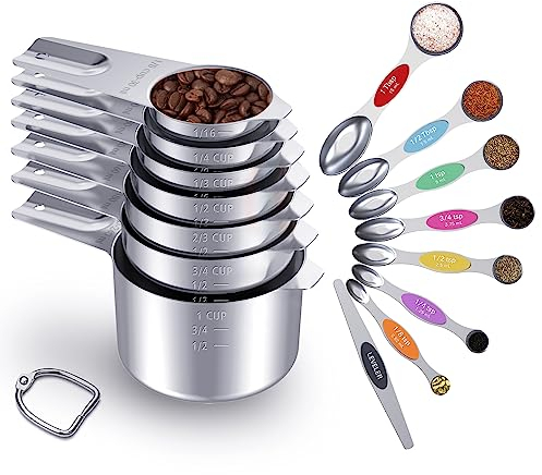LIFETOWE Stainless Steel Measuring Cups and Spoons Set of 15 - Includes 7 Nesting Metal Measuring Cups, 8 Magnetic Measuring Spoons set - Ideal Kitchen Gadgets for Cooking and Baking Needs