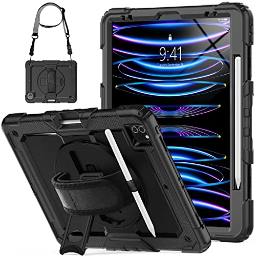 SEYMCY Hülle für iPad Pro 12.9 Zoll 2022/2021/2020/2018 (Pro 6./5./4./3.), Ganzkörper Stoßfest mit Displayschutzfolie, 360° drehbare Handschlaufe & Ständer, Tragegurt, Stifthalter, Schwarz