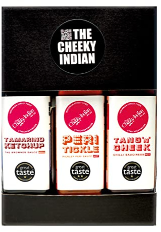 THE CHEEKY INDIAN - Assorted Sauces Gift Pack, Tang 'n' Cheek 225g, Tamarind Ketchup 270g & Peri Tickle 225g, Flavourful Indian Style Sauces, Made in UK, Ideal For Dips, Curries, Chutneys, Marinades