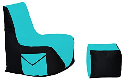 Momiralland Komfort Sitzsack XL - XXL mit Hocker Sitzkissen BodenKissen Sessel In- & Outdoor geeignet Gaming Sitzsack für Erwachsene und Kinder (Schwarz – Türkis, XXL - Durchmesser 80 cm)