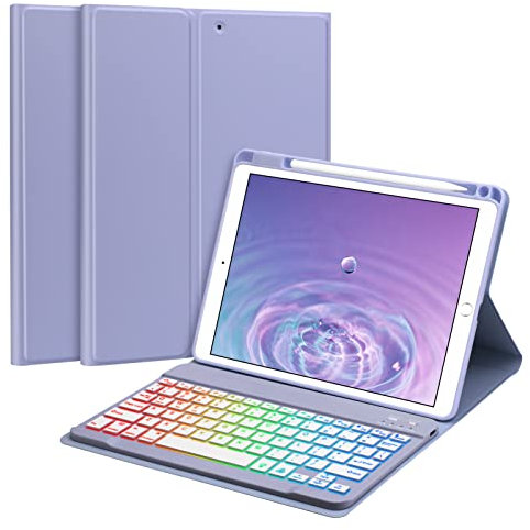 GOKOCO iPad 10.2 Inch Backlit Keyboard Case,Anti-slip Slim Protective Case with Pen Holder,Detachable Wireless Backlit UK Layout Keyboard Case for iPad 9th Gen(2021)/8th Gen(2020)/7th Gen(2019)-Purple