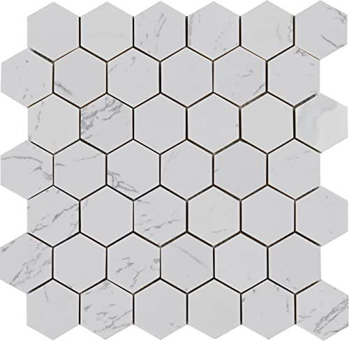 Simple Tile 5 Bögen Marmormosaik-Fliesen für Küche, Bad, Badezimmer, Boden, 5.1 cm Hexagon Collection, 5,1 x 5,1 cm, Sechseck, 30,5 x 30,5 x 1,6 cm, geschliffen (Calacatta-Weiß, Box mit 5 Bögen)