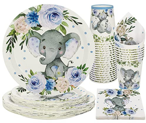 PARTY GO 100PCS Baby Shower Party Supplies, Elephant Theme Disposable Paper Plates Napkins Cups, Baby Boy Elephant Decor for Birthday Gender Reveal Party (25 Guests, Blue)