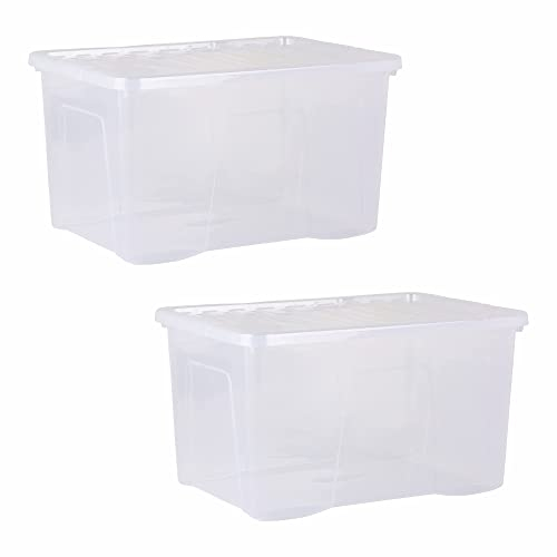 CHPL 2x 60 Litre Large Crystal Clear Plastic Storage Box With Secure Clip on Lid Stackable Organizing Box Transparent Container For Bedroom, Garage, Office (60 Litre)