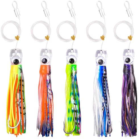 Angeln Trolling Köder Salzwasser Angeln Köder, 5stk Offshore Big Game Salzwasser Trollingköder für Mahi Thunfisch Marlin Delphin Wahoo Tiefsee-Angelköder Octopus Tintenfisch Röcke Rigged Haken