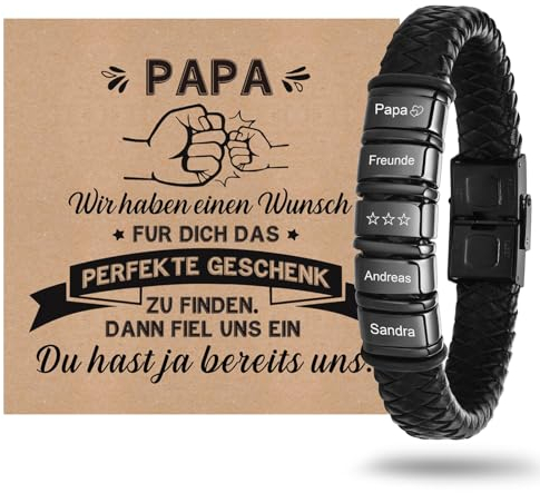 Armband Herren mit Gravur Lederarmband Papa - Personalisiert Armbänder für Herren Männer Armband mit Name Ideales Valentinstag Jahrestag Geburtstag Geschenk für Ihn Ehemann Herren Schmuck Schwarz