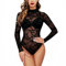 SamHeng Black Long Sleeve Bodysuit for Women Sheer Mesh Clubwear Hight Neck Stretchy See Through Slim Fit Jumpsuit Leotard Top, L