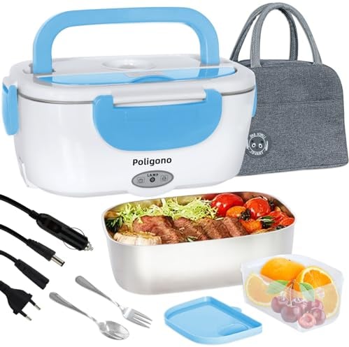 Poligono Scaldavivande Elettrico Portatile con Borsa Termica, Lunch Box 1.5L Portavivande Termico Elettronico Portatile in Acciaio Inox, Porta Pranzo da Ufficio e Auto(55W 220V), Blu