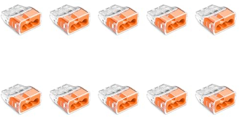 SIMET Verbindungsdosenklemme für Drähte (0,75-4 mm²), 3 - Leiter, Packung mit 10 Stück, transparent/orange, zum Anschluss an Abzweigdosen, Gehäuse und starre Elektroverteiler
