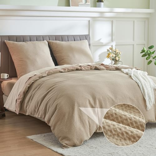 Simple&Opulence Bettwäsche 155x220 Baumwolle 2 Teilig,Waffelmuster Sommer Bettwäsche-Sets mit 80x80 cm Kissenbezug,ÖkoTex Zertifiziert Bettbezug Set,Camel