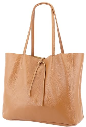SH Leder ® Damen Echt Rindleder Shopper in Querformat mit Innentasche in vielen Farben Schultertasche Henkeltasche 30x37cm Maja G514 (Hell Cognac)
