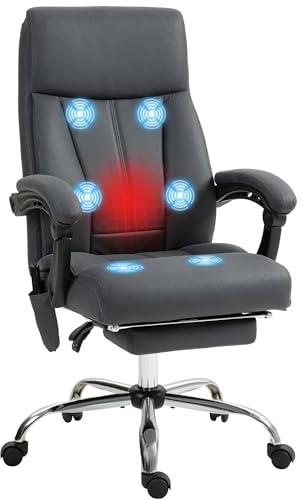 Vinsetto Bürostuhl mit Massagefunktion Ergonomischer Chefsessel mit Heizfunktion, Liegefunktion, Fußstütze Höhenverstellbar 360° Drehbar Schreibtischstuhl, Mikrofaser, Dunkelgrau
