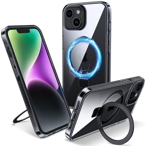Flyzoo Magnetisch Ständer Hülle für iPhone 14 Plus - [Unsichtbarer Ständer] [Kompatibel mit MagSafe] [Vergilbungsfrei & rutschfest] Stoßfest Durchsichtig Handyhülle, 6.7'', Clear Schwarz