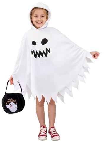 JOYUE Halloween Geister Weiß Umhang Geisterkostüm Kinder, Gespenster Umhang Geist Kinder, Halloween Ghost Cape mit Lustige Handtasche Teufelsgabel und Gläser für Karneval Cosplay Party (10-12 Jahre)