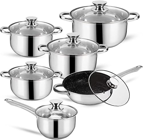 Royalty line Batterie de Cuisine en Acier Inoxydable à 5 Couches,18 pièces, Poêle à Frire, Casserole et Marmite avec Couvercle en Verre, Casseroles Adapté à la Tous Feux Dont Induction (Argent) (13)