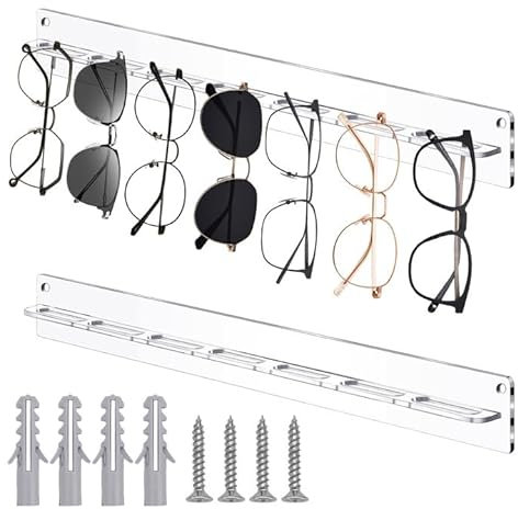 2 Pièces Organisateur Lunettes Mural, Porte Lunettes Mural pour 7 Paires de Lunettes, Porte Lunettes en Acrylique, Transparent Rangement Lunette de Soleil Murale pour Plusieurs Paires de Lunettes