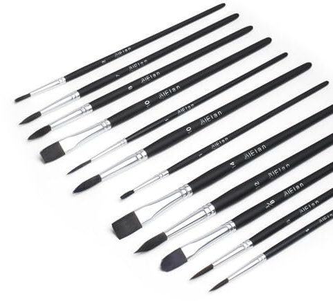 Elan Pinceaux Peinture, Lot de 12 Pinceaux Aquarelle, Poil Synthétique Imitation Martre, Pinceau Aquarelle, Langue de Chat, Plats, Ronds et Liner
