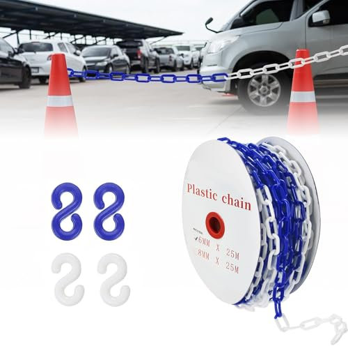 25m Absperrkette Blau Weiß Kunststoff, 6mm Absperrkette Warnkette Absperrung Plastikkette mit 4 S-Haken, Sicherheits-Warnkette aus Kunststoff für die Baustelle, Parkplatz und Auftragspflege