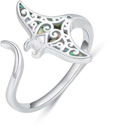 Shusukue Offener Manta-Rochen-Ring mit Abalone-Muschel, 925er Sterlingsilber, verstellbarer Manta-Rochen-Ring, Schmuck für Tierliebhaber, Ozean-Geschenk für Freundin/Tochter/Mutter