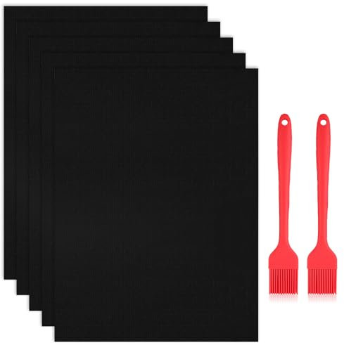 BNGXR Tapis de Cuisson Barbecue, 5 Pièces 60 x 40 cm Tapis Barbecue Set, Papier BBQ Réutilisable avec Brosse, Non Stick Four en Téflon Tapis de Cuisson, Nettoyage Facile et Anti-adhérent, Sans PFOA