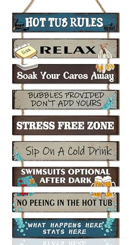 HPNIUB Funny Hot Tub Signs and Plaques Rustic Humorous Rules Wooden Hanging Wall Art No Peeing,Spa Bathroom Decor, Hot Tub Accessories Fun Gift for Pool Party Backyard Patio (27x5cm/10.6x1.9inch)