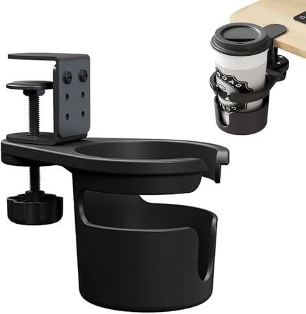 Soporte Taza Escritorio, Portavasos de Mesa Antiderrames, Portavasos Giratorio de 360 Grados, Ajustable Soporte para Tazas de Cafe Clip para Hogar y Oficina (Negro)