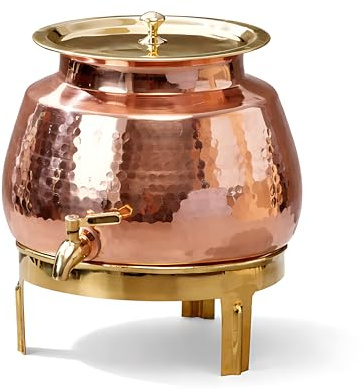 P-TAL Kupfer-Wasserspender, 100 % reines Kupfer, schwer und gehämmert, mit vormontiertem, auslaufsicherem Messing-Zapfhahn, Deckel und Ständer