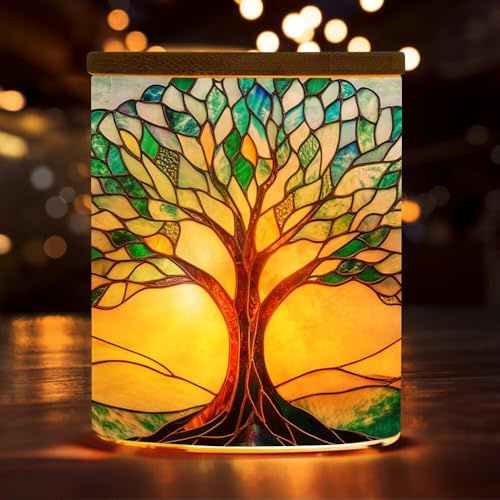 EcoDuck Tree of Life Tea Light Candle Holder with Bamboo Lid,Stained Glass Tree LED Candle Holder Tealight Jar for Birthday,Wedding,Party Home Decoration