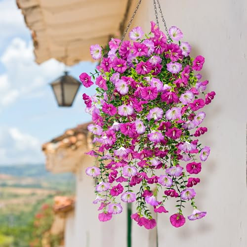 YMIFEEY 3 plantas artificiales colgantes, flores artificiales colgantes como petunias reales, plantas artificiales resistentes a la intemperie, flores artificiales para exterior, interior, balcón