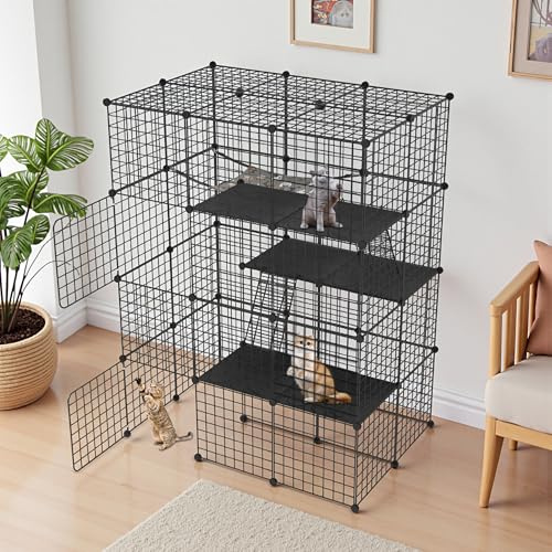 ORHEYA 4 Ebenen Katzenkäfig Freigehege für Draußen & Drinnen, DIY Metall Katzengehege Katzenhütte mit Abnehmbare Hängematte, 2 Leitern & 2 Türen – Laufstall für Katzen, Chinchilla, Kaninchen
