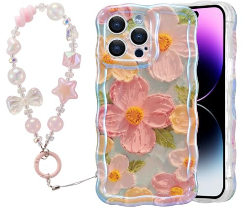 EYZUTAK Case for iPhone 16 Pro, Colorful Oil Painting Flower Case with Bracelet Chain Curly Wave Edge Exquisite Phone Cover Stylish Durable TPU Protective Cover Phone Charm for Girls Women-Green Pink
