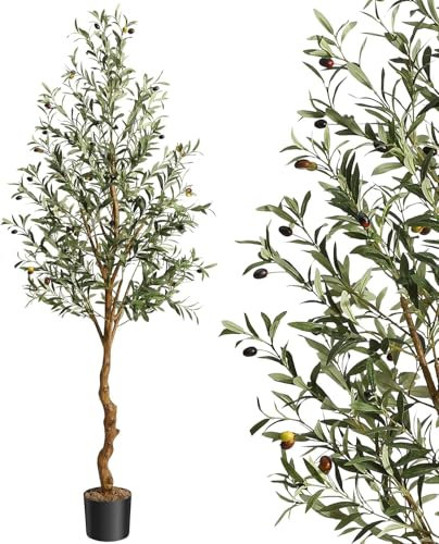 Grande Olivier Artificiel 180cm, Arbre Artificiel d'intérieur,Faux Olivier en Soie en Pot,avec Tronc en Bois Naturel et Fruits Réalistes,pour la Maison, Bureau et Salon