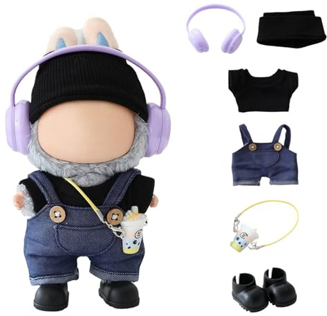 Clothes for Lu bubu 17cm Dolls(No Doll) Accessories, Stylish Kawaii Overalls Outfit Headphones Set 5 Pieces Suitable for 17cm Dolls , Doll Hat Headset Boots Clothing Set Replacement