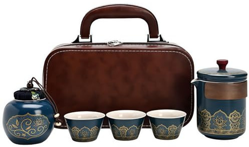 ​Portable Chinese Kung Fu Tea Set, Ceramic Teapot with Wooden Handle & 3 Cups & Carry Bag, Traditional Blue Porcelain Travel Teaware for Adults, Christmas Gift for Tea Lovers, Home, Office, Camping​
