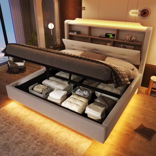 kozamas Polsterbett mit Stauraum 140x200 cm, Modernes Bett mit LED-Licht & USB-Ladung, Beiges Leinenbett mit hydraulischem Bettkasten, Schwebendes Design, inkl. RGB-Beleuchtung