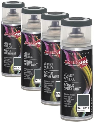 Ambro-Sol - Pintura acrílica en spray, color Gris Hierro, RAL 7011, resultado profesional en múltiples superficies, exteriores e interiores, 400 ml, El embalaje puede variar (Paquete de 4)