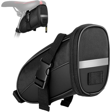 DiULi Fahrrad Satteltasche, Mini Fahrradtasche Sattel mit Netztasche und Schnalle, Reflektierende Kompakte Tragbare Satteltasche für Rennrad und Mountainbike, Schwarz-Keil
