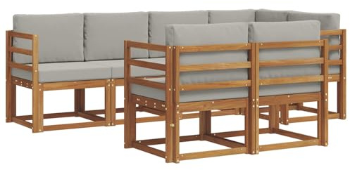 vidaXL Outdoor-Sofagarnitur mit Kissen 7 pcs Natürlich und Hellgrau, Garten Lounge Set, modernes Outdoor-Sofa, Bequeme Gartenmöbel, massives Holz-Sofa, vielseitige Garten-Couch